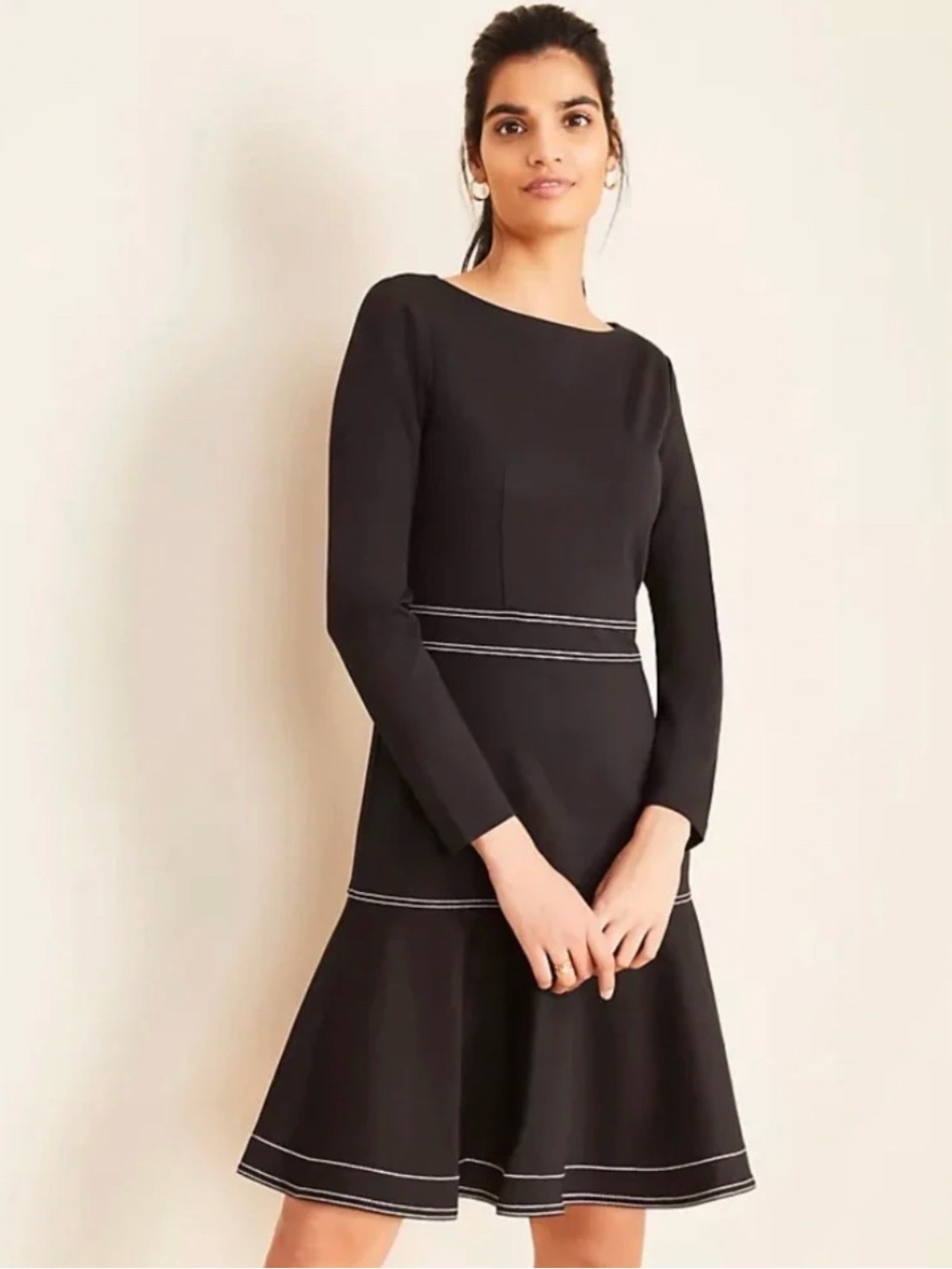 NWT Ann Taylor Black Long Sleeve Flared Hem Dress with Contrast Stitching